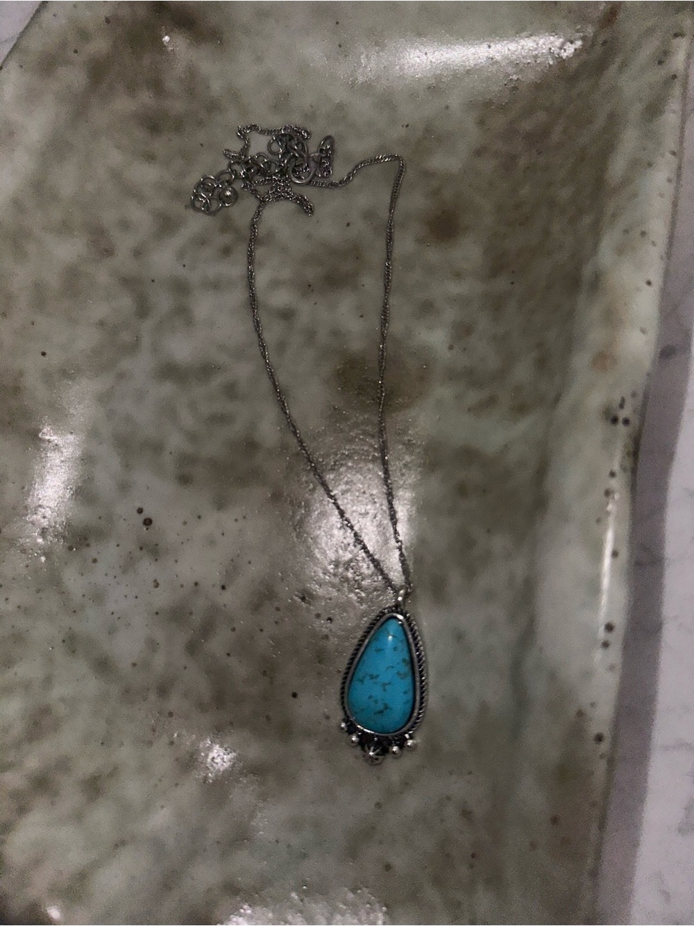 Turquoise Teardrop Pendant Necklace - Silver Tone